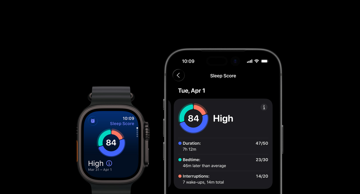Gráfico circular com a classificação de sono no Apple Watch Ultra 3 e análise completa aberta no iPhone associado