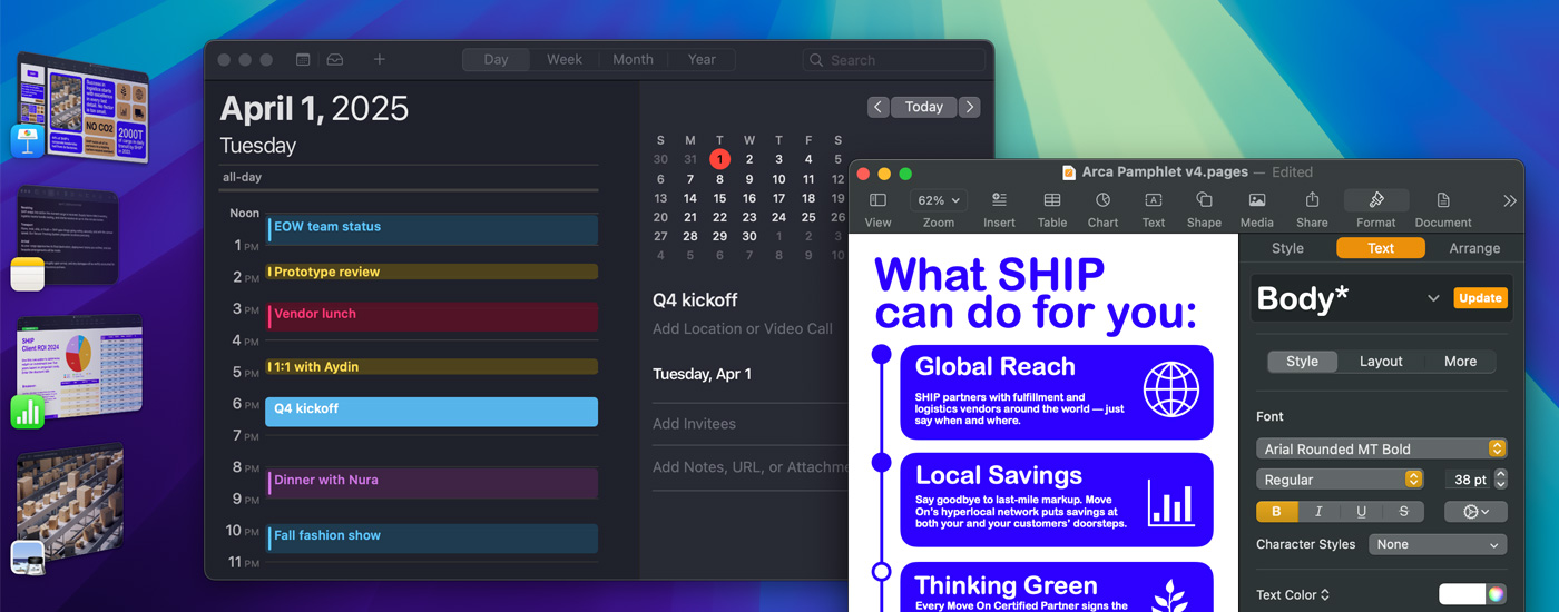 Flere iOS-apps vist på en skærm ved hjælp af Organisator med åbne Kalender- og Pages-vinduer. I venstre side vises en række andre iOS-apps.
