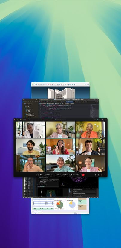 Mehrere Apps sind geöffnet und übereinander angeordnet. Die App im Vordergrund ist ein Webex Call mit mehreren Teilnehmenden.