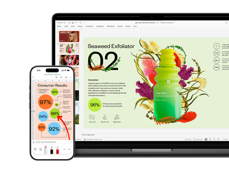 A Mac and an iPhone displaying different sections of a vibrant and colorful presentation focused on a skincare product.