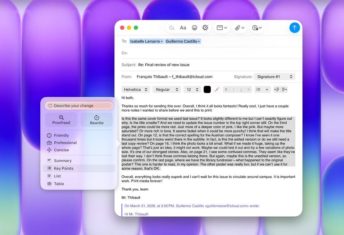 App Mail con el panel de Herramientas de Escritura de Apple Intelligence, opción Puntos Clave resaltada