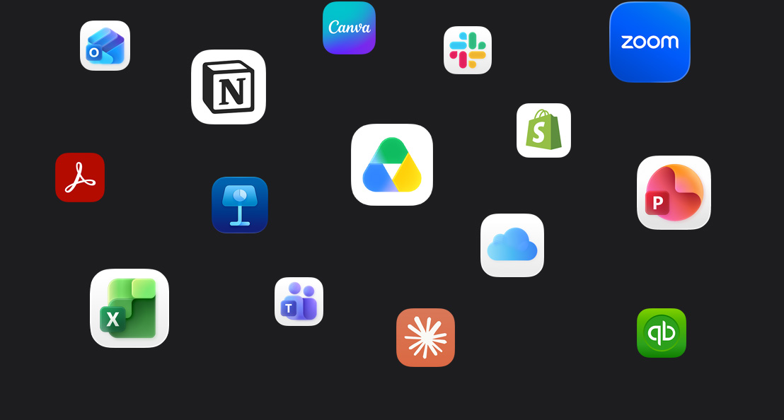 Appsymboler er spredt utover mot en mørk bakgrunn: Microsoft Teams, Microsoft Excel, Canva, Shopify, Microsoft Powerpoint, Claude, Zoom, Notion, Keynote, Slack, Salesforce, Quickbooks, Google Drive, Acrobat Reader og Microsoft Outlook