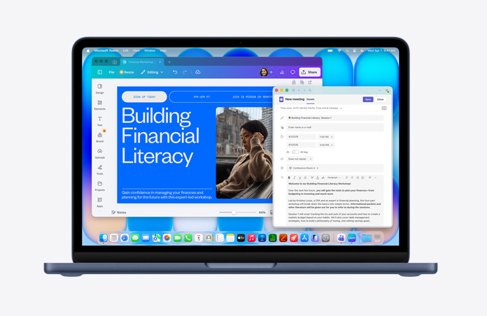MacBook Neo color medianoche, mostrando una página web con el título “Building Financial Literacy” con la imagen de una persona, el borrador de un email abierto, la barra de menús con varios íconos y el Dock en la parte inferior con íconos de apps