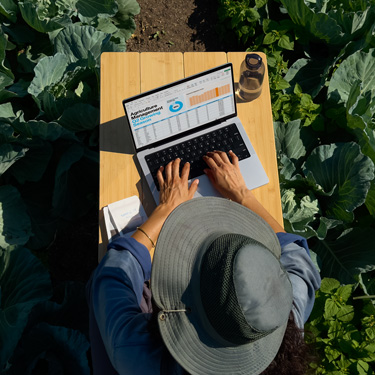 Vue aérienne d’une femme coiffée d’un chapeau à bords larges, assise à une table dans un jardin, travaillant sur une présentation professionnelle sur un MacBook.