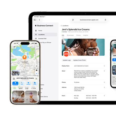 Vorderansicht eines iPad mit der Apple Business Connect Plattform eines Unternehmens. Vor dem iPad befindet sich ein iPhone mit den Apple Karten Informationen des Unternehmens.