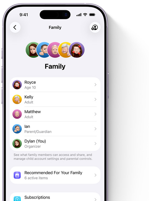 iPhone screen showing the Family page in Settings, Memojis of individual family members, each set against its own colorful circle, arrayed at the top, same Memojis in a list beneath them showing all members of the Family Sharing group