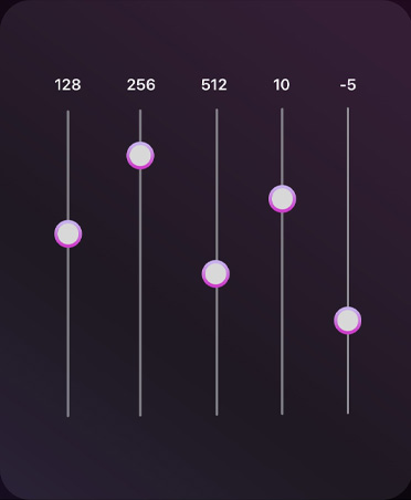 Five audio editing dials that are adjusted to different setting numbers