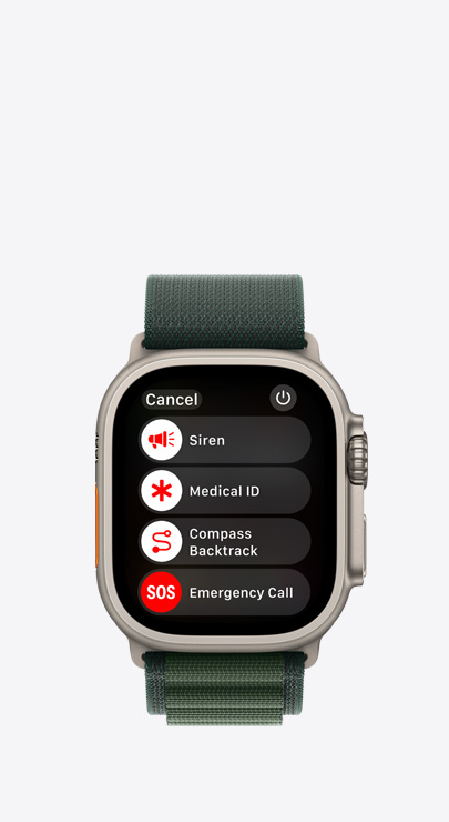 Une Apple Watch avec une liste de fonctionnalités d’urgence : Sirène, Fiche médicale, Point de départ et Appel d’urgence