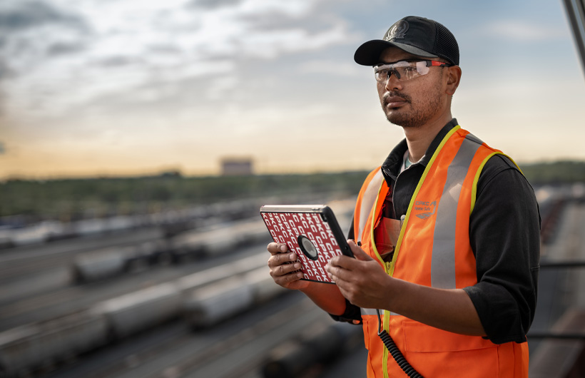 Un cheminot est debout à proximité de gros wagons et regarde devant lui, un iPad à la main