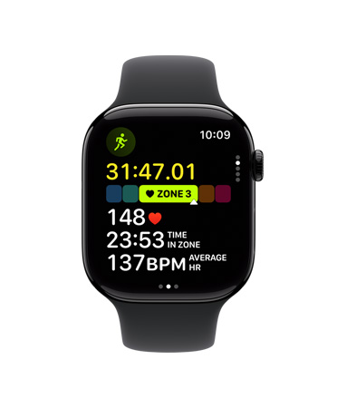 Apple Watch Series 11, caja de aluminio, color negro azabache pulido, entreno Correr abierto, frecuencia cardiaca en la zona 3, lateral derecho: Digital Crown, correa deportiva en color negro