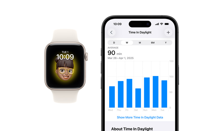 Apple Watch SE 3, caja de aluminio, color blanco estrella, esfera Memoji, iPhone, pestaña para compartir datos de salud con horas de exposición a la luz diurna