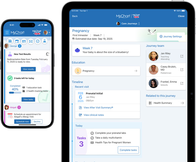 شاشات iPhone وiPad تعرض تطبيق Epic&nbsp;MyChart.‏