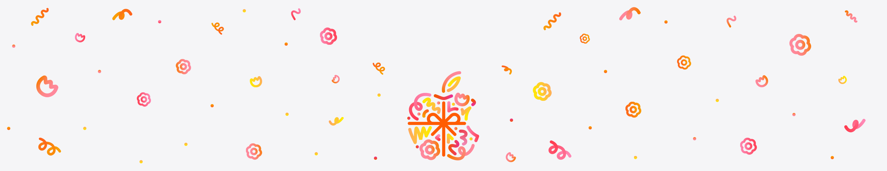 Dots, squiggles, spirals, and flower shapes in different hues of orange, pink, and yellow burst and spread across from behind Apple logo, wrapped in an orange color bow, made up of dots, squiggles, spirals, and flower shapes in different hues of orange, pink, and yellow