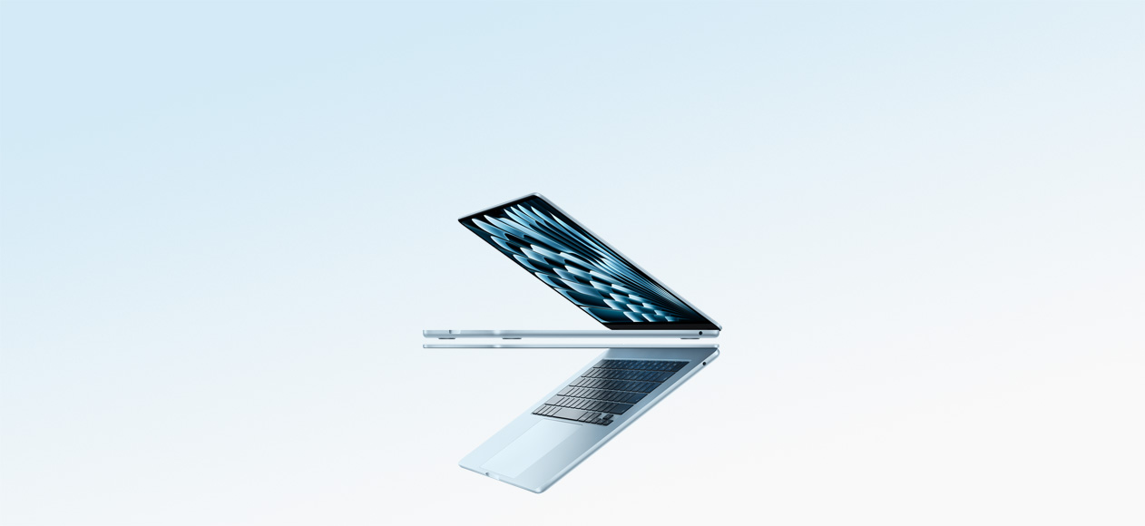 Two open MacBook Air laptops in sky blue color forming arrow shape, emphasizing narrow profile