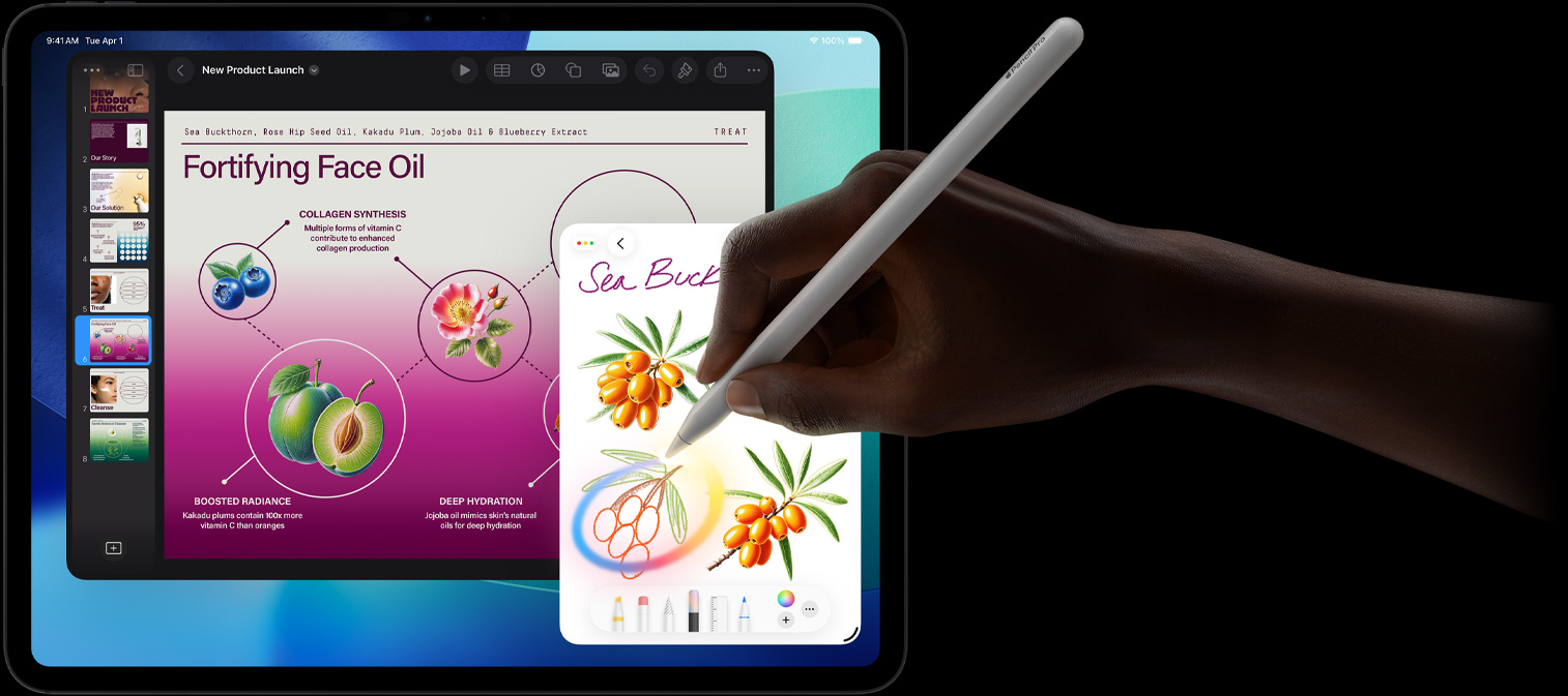 iPad Pro, front exterior  display with dark blue and green gradient background with multiple apps open, hand holding Apple Pencil Pro circling a sketch showing Apple Intelligence Image Wand feature