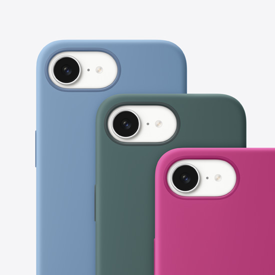 Back view of iPhone 16e silicone cases in Winter Blue, Lake Green, and Fuchsia.
