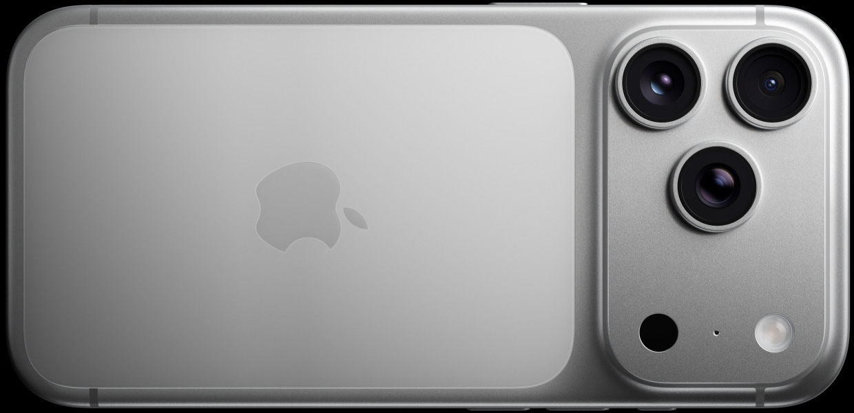 iPhone 17 Pro color argento mostrato da dietro, con sistema di fotocamere Pro Fusion, 3 obiettivi, microfono, flash