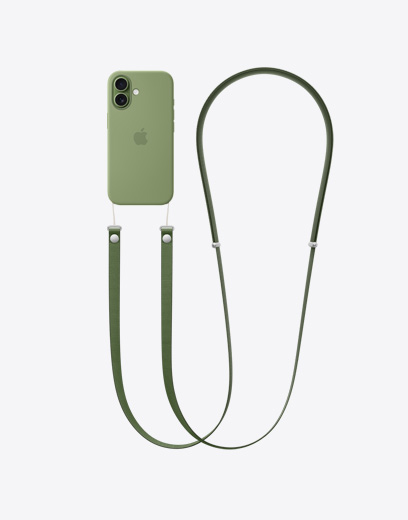 iPhone 17, Rückseite, grünes Case, mit angebrachtem grünen CrossBody Band
