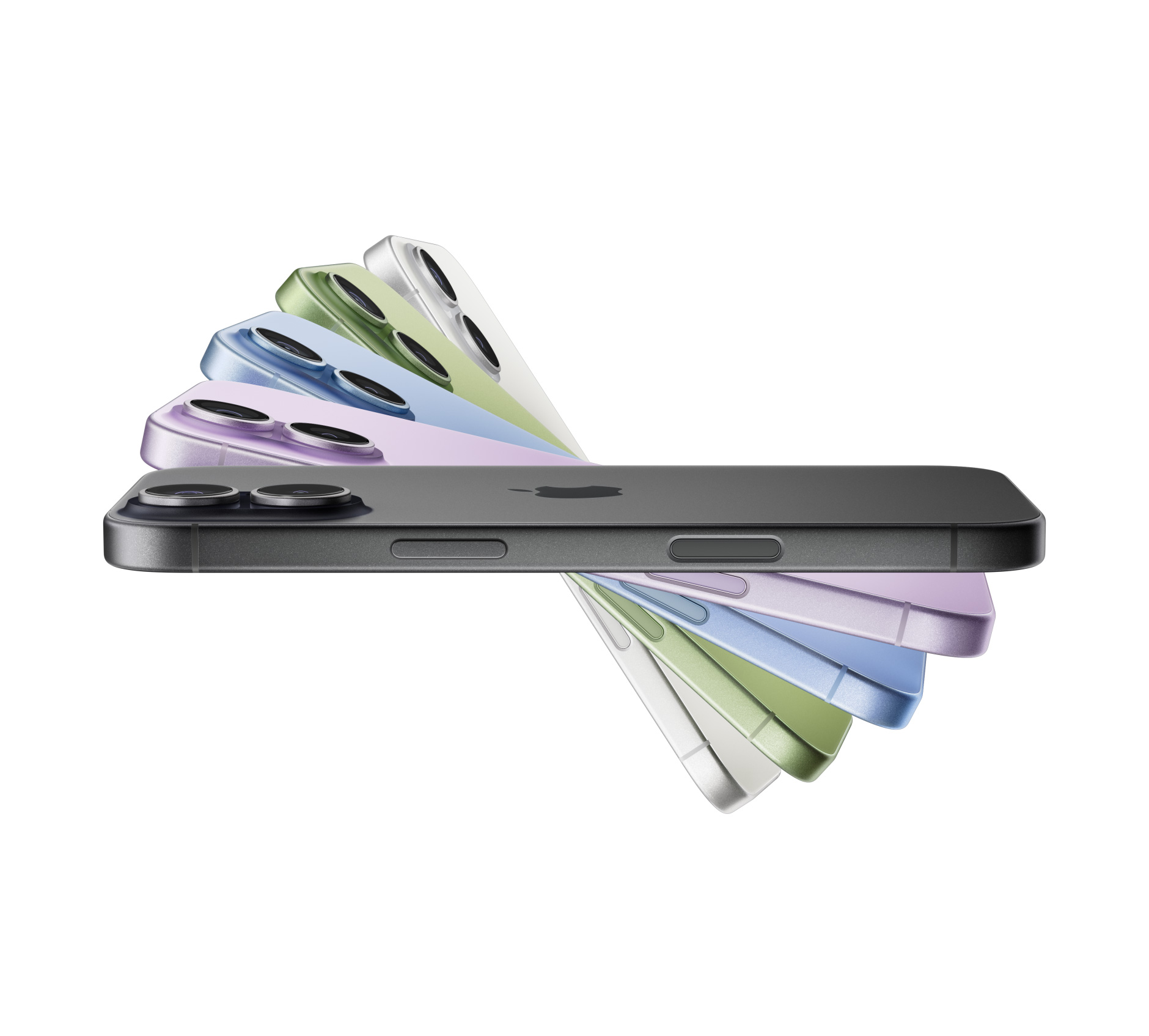 iPhone 17 Geräte aufgefächert, Farben: Schwarz, Lavendel, Nebelblau, Salbei, Weiß