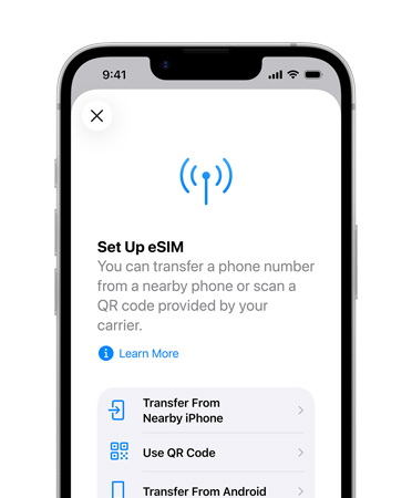iPhone 17e, face avant, fonctionnalité Configurer une eSIM utilisée pour transférer un numéro de téléphone depuis un téléphone à proximité ou à l’aide d’un QR Code