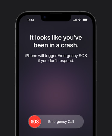 iPhone 17e, front exterior, Crash Detection feature in use