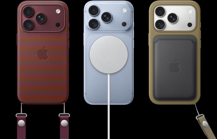 Soldan sağa, Burgonya rengi deri kılıf ve Burgonya rengi bilek askısı takılı iPhone 18 Pro, ortada Beyaz MagSafe şarj aygıtı takılı Buzul Rengi iPhone 18 Pro, sağda bilek askısı, siyah deri cüzdan ve yeşil kılıf takılı Gümüş rengi iPhone 18 Pro.