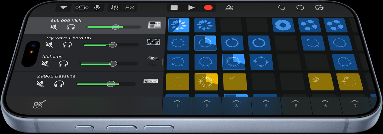 iPhone 18 Pro i gletsjerblå viser brugerfladen i musikproduktionsappen Logic Pro