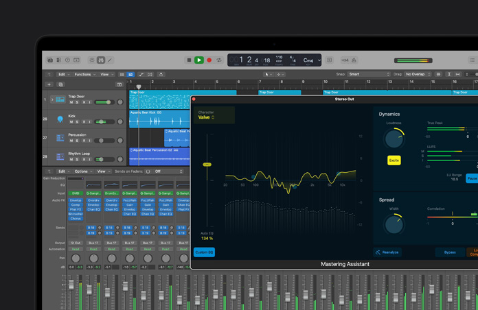 MacBook Pro 16 screen showing soundwave layers, Mastering Assistant window is open, various dials and settings at the bottom