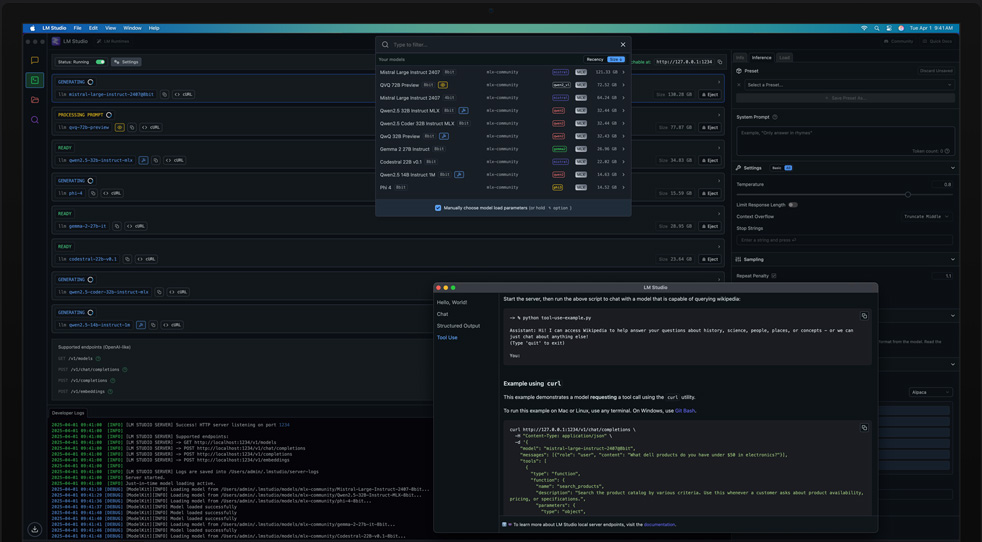 Redzams, kā Mac Studio ar M3 Ultra tiek izmantots LM Studio un Apple MLX, lai parādītu mācīšanās modeļus