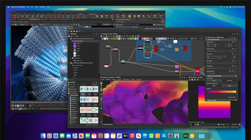 Screen of Adobe Substance 3D Designer, Houdini, and Redshift applications being used to edit on M4 Max Mac Studio