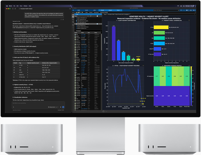 Studio Display XDR, das Display zeigt Daten zur Gesundheit von Honigbienen in den Apps LM Studio Bionic und MATLAB, Mac Studio, Vorderansicht