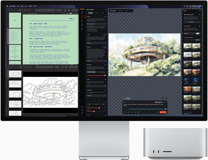 Studio Display XDR, das Display zeigt Architekturzeichnungen in Draw Things, Pages und Keynote, Mac Studio, Vorderansicht