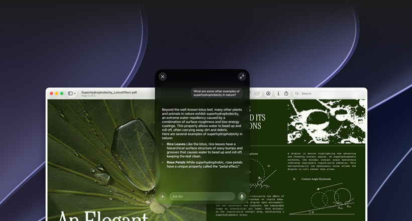 Siri und visuelle Intelligenz Demo, eine Anfrage zu einem Thema in einem PDF auf einem Mac Display, Welche anderen Beispiele gibt es für Superhydrophobie in der Natur?, Siri Antwort