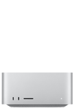 Mac Studio, Vorderseite, zwei USB‑C Anschlüsse, SDXC Kartensteckplatz, Statusanzeige, nach unten zulaufender Sockel, flache Oberseite, gerundete Ecken, gerade Kanten, Farbe Silber