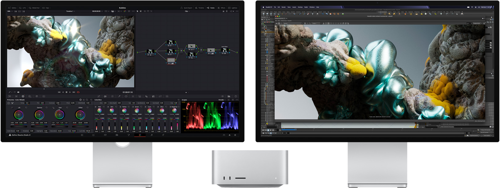 Studio Display, das Display zeigt DaVinci Resolve Studio mit einem abstrakten, eingezoomten Bild in mehreren Farben, Mac Studio, Vorderansicht, Studio Display XDR, das Display zeigt Houdini und Maxon Redshift mit demselben Bild, das näher eingezoomt ist