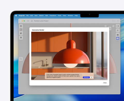 Écran d’Image Playground avec l’image d’une lampe suspendue et du texte généré par l’IA