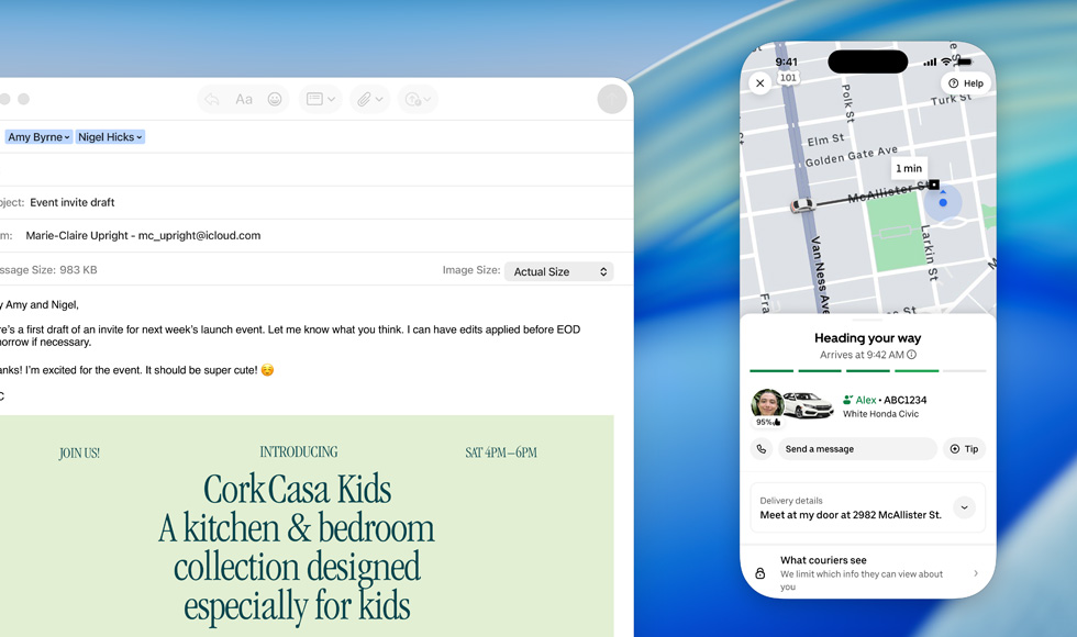 Pantalla de un MacBook, app Mail abierta, la pantalla de un iPhone duplicada en la pantalla del MacBook muestra que está llegando un pedido de Uber Eats