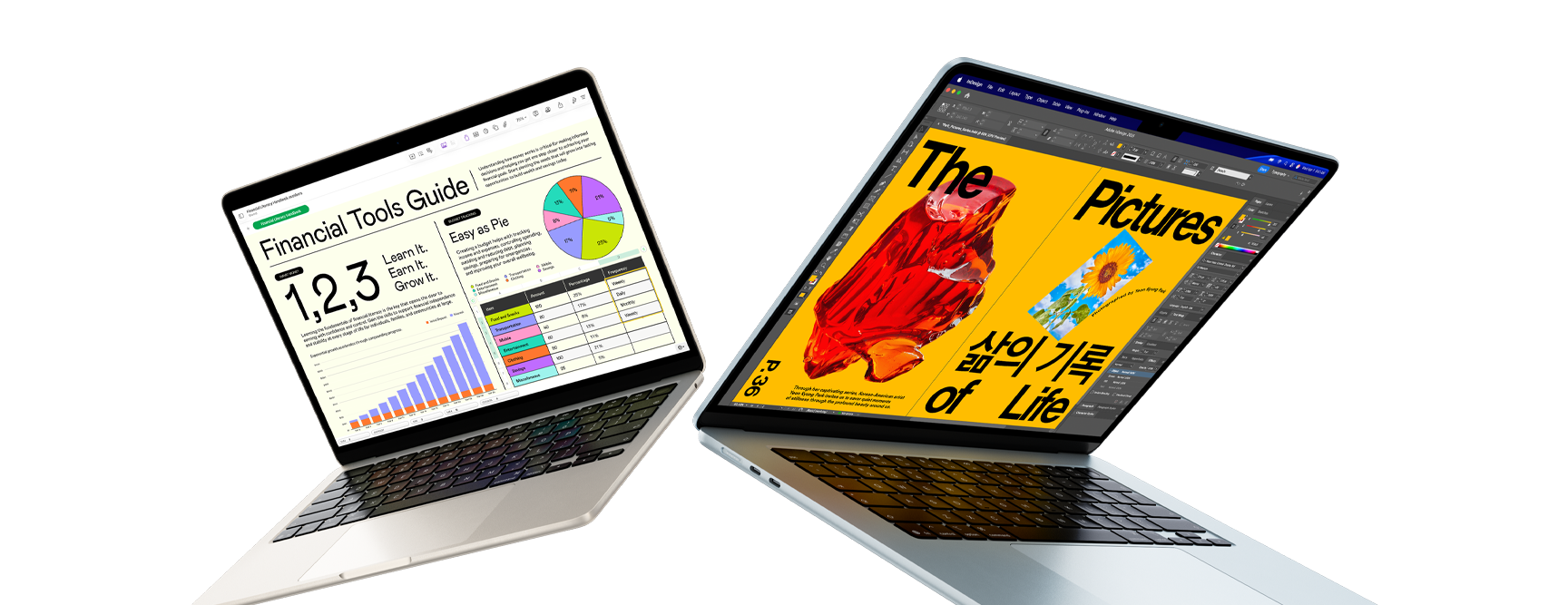 13-inch en 15-inch MacBook Air-laptops, op het ene scherm is een Numbers-document te zien, op het andere een ontwerp