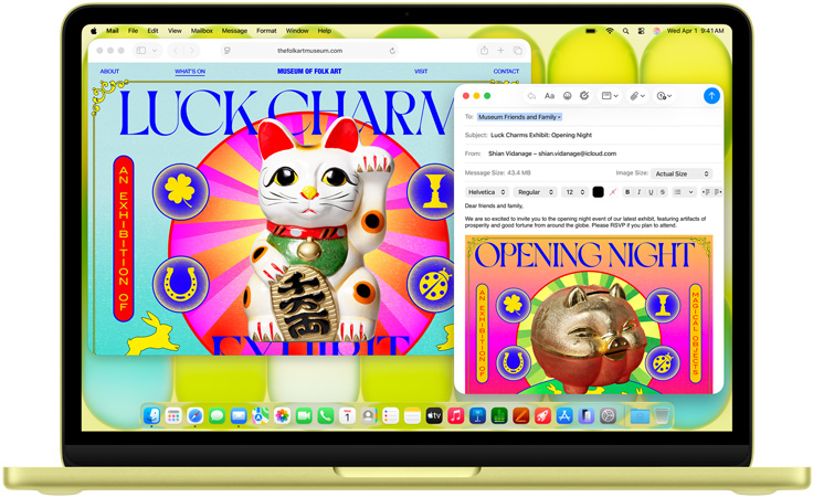MacBook Neo, citrus colour, hands on keyboard, user is composing an email invitation to an art exhibit, website for the event open alongside