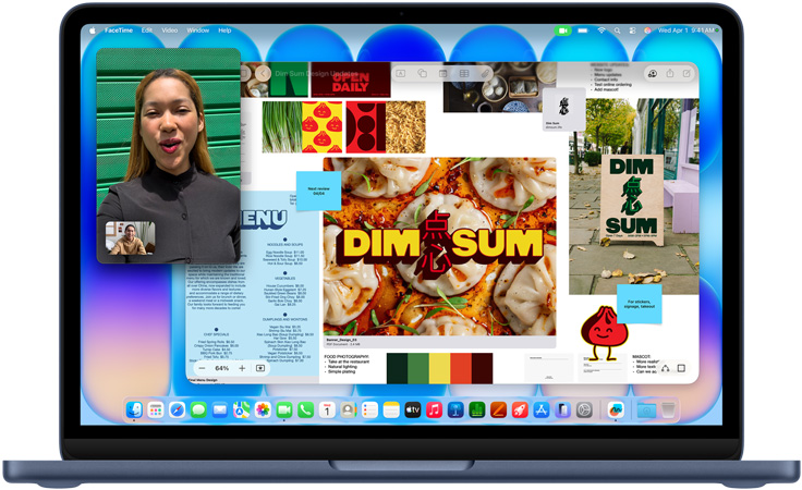 MacBook Neo, indigo colour, video call in progress, Freeform window with a menu, food photography and illustrations for a dim sum restaurant