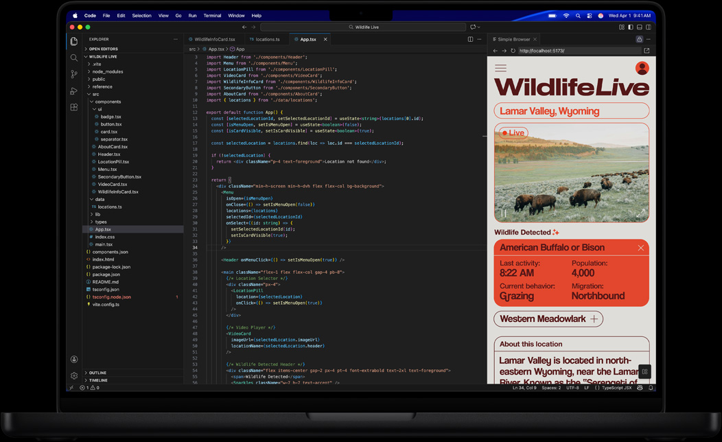 MacBook Pro-skärm som visar kod för en app med Visual Studio Code
