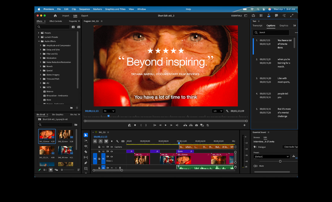 En MacBook Pro-skärm som visar redigering av en film med titeln Eternal Play i Adobe Premiere