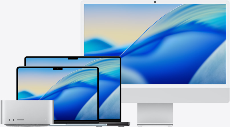 Papel de parede do macOS Tahoe em toda a gama de modelos Mac. Da esquerda para a direita: Mac Studio, MacBook Air de 13 polegadas em azul‑céu, MacBook Pro de 14 polegadas em preto sideral e iMac de 24 polegadas em prateado