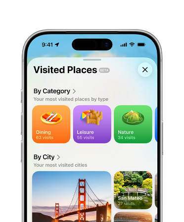 iPhone, mitad superior de la pantalla mostrando la funcionalidad Lugares Visitados en la app Mapas, incluidas las opciones Categorías y Ciudades