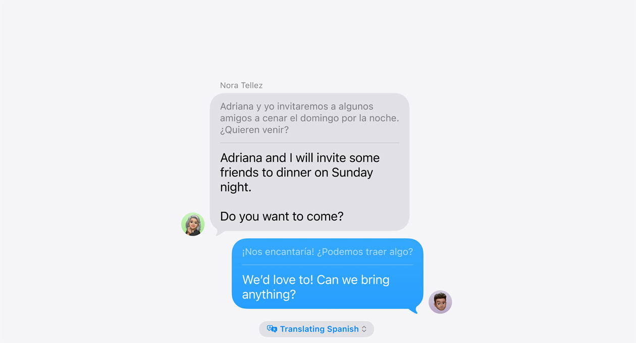 Penerjemahan Langsung dalam Pesan, yang menunjukkan contoh terjemahan otomatis antara bahasa Spanyol dan Inggris