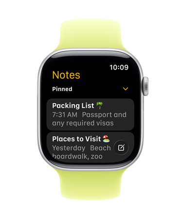 Apple Watch Series 11, o mostrador apresenta a app Notas, com duas notas afixadas