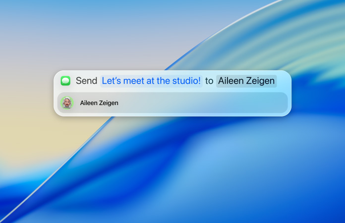 Utilizador a escrever uma mensagem de texto no Spotlight para enviar através da app Mensagens