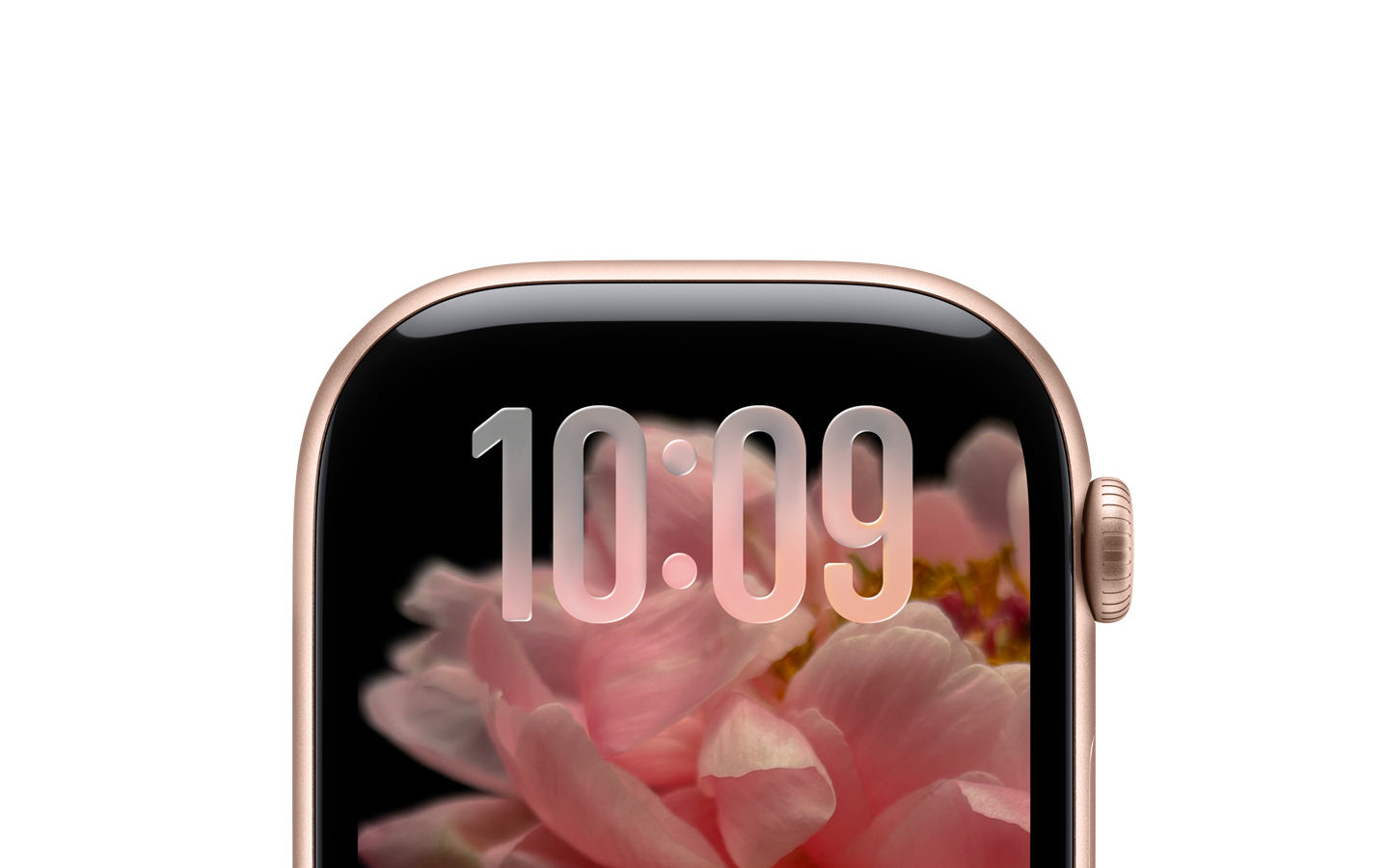 Apple Watch rosa-dourado, sem bracelete, apenas a parte superior do mostrador, números das horas em Liquid Glass em cima
