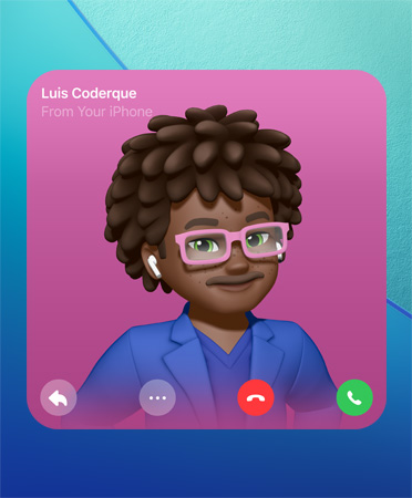 Cartaz de contacto do FaceTime, com Genmoji no centro, nome da pessoa no canto superior esquerdo e ícones para responder, mais opções, desligar e atender na parte inferior
