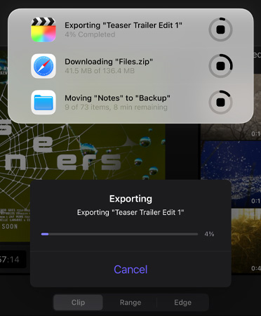 Lista de Atividades em tempo real que estão a ser realizadas em simultâneo; a lista inclui a exportação de um trailer, o download de ficheiros grandes e a transferência de "Notas" para "Cópia de segurança"